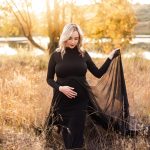 Maternity-dress-rental-black-high-neck-fitted-dress-with-skirt-1